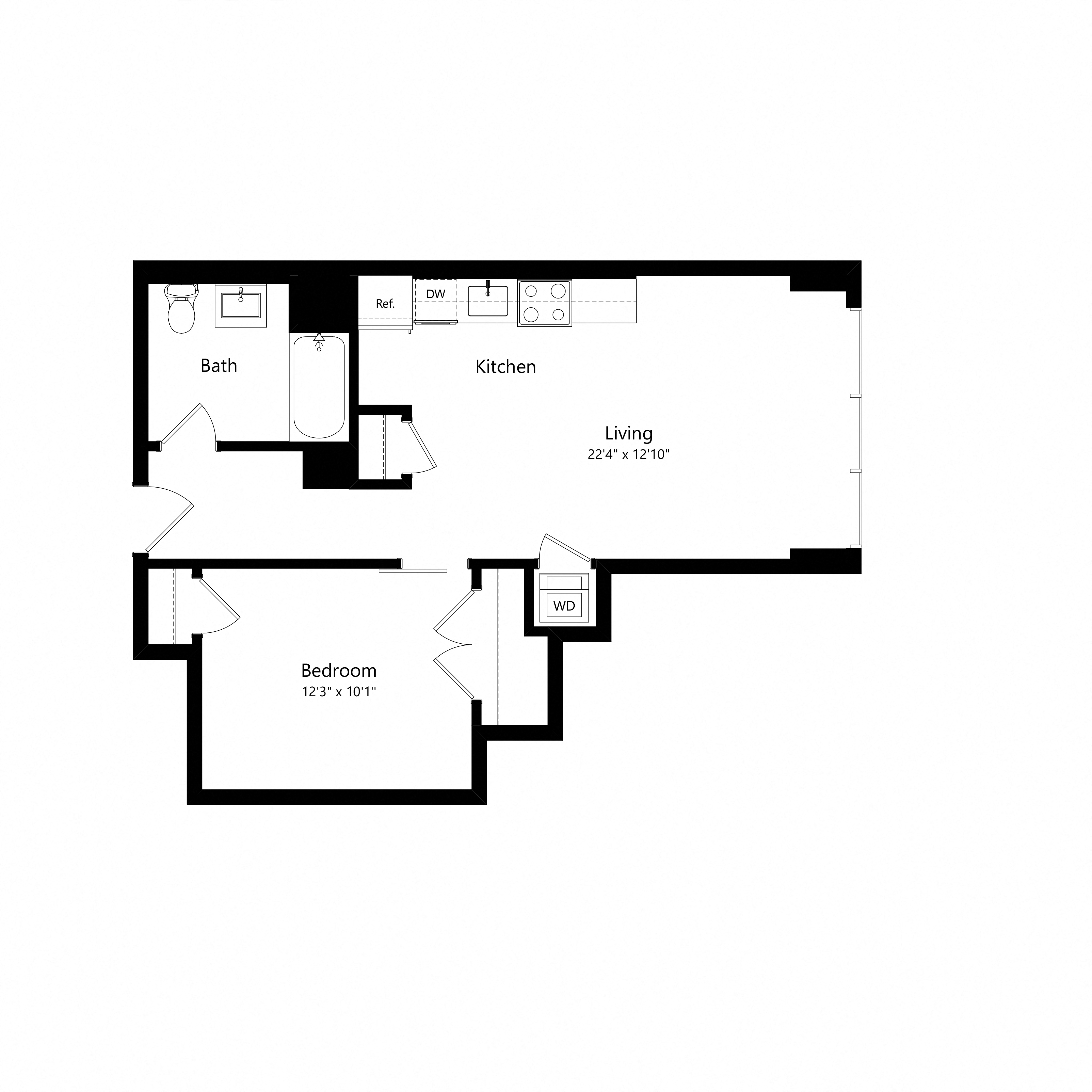 Floor plan for 1 bed, 1 bath, 612 sqft